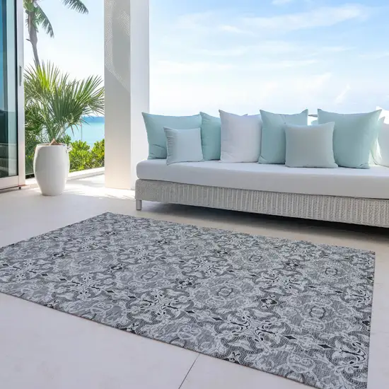 Gray Silver And Charcoal Medallion Washable Indoor Outdoor Area Rug Photo 7