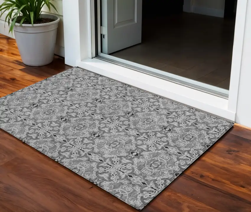 Gray Silver And Charcoal Medallion Washable Indoor Outdoor Area Rug Photo 1