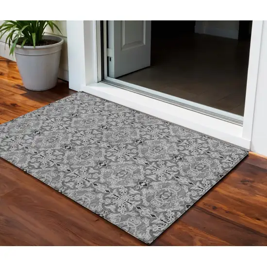 Gray Silver And Charcoal Medallion Washable Indoor Outdoor Area Rug Photo 1