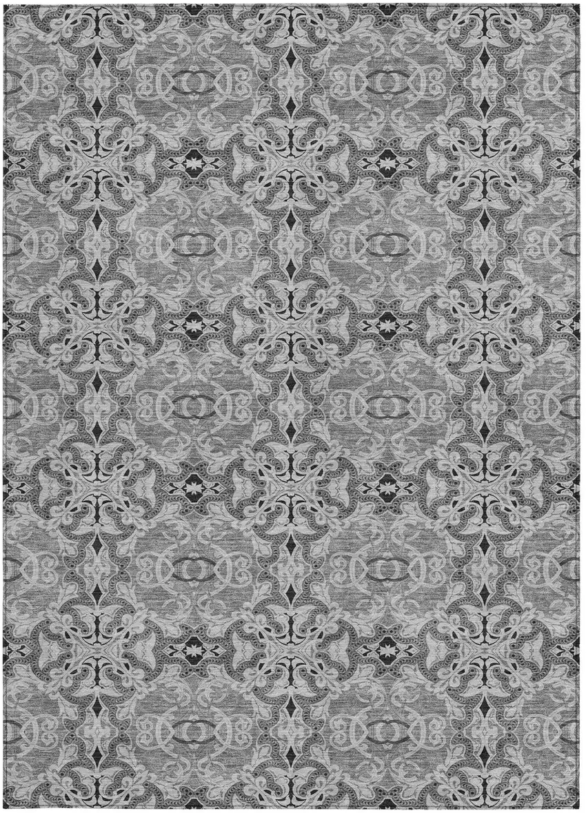 Gray Silver And Charcoal Medallion Washable Indoor Outdoor Area Rug Photo 6
