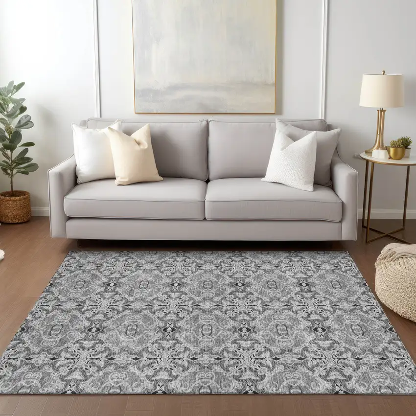 Gray Silver And Charcoal Medallion Washable Indoor Outdoor Area Rug Photo 9