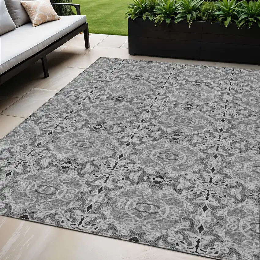 Gray Silver And Charcoal Medallion Washable Indoor Outdoor Area Rug Photo 1