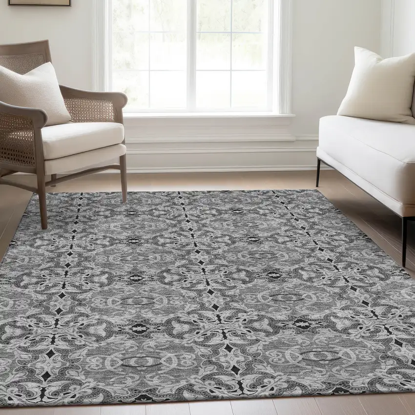 Gray Silver And Charcoal Medallion Washable Indoor Outdoor Area Rug Photo 8