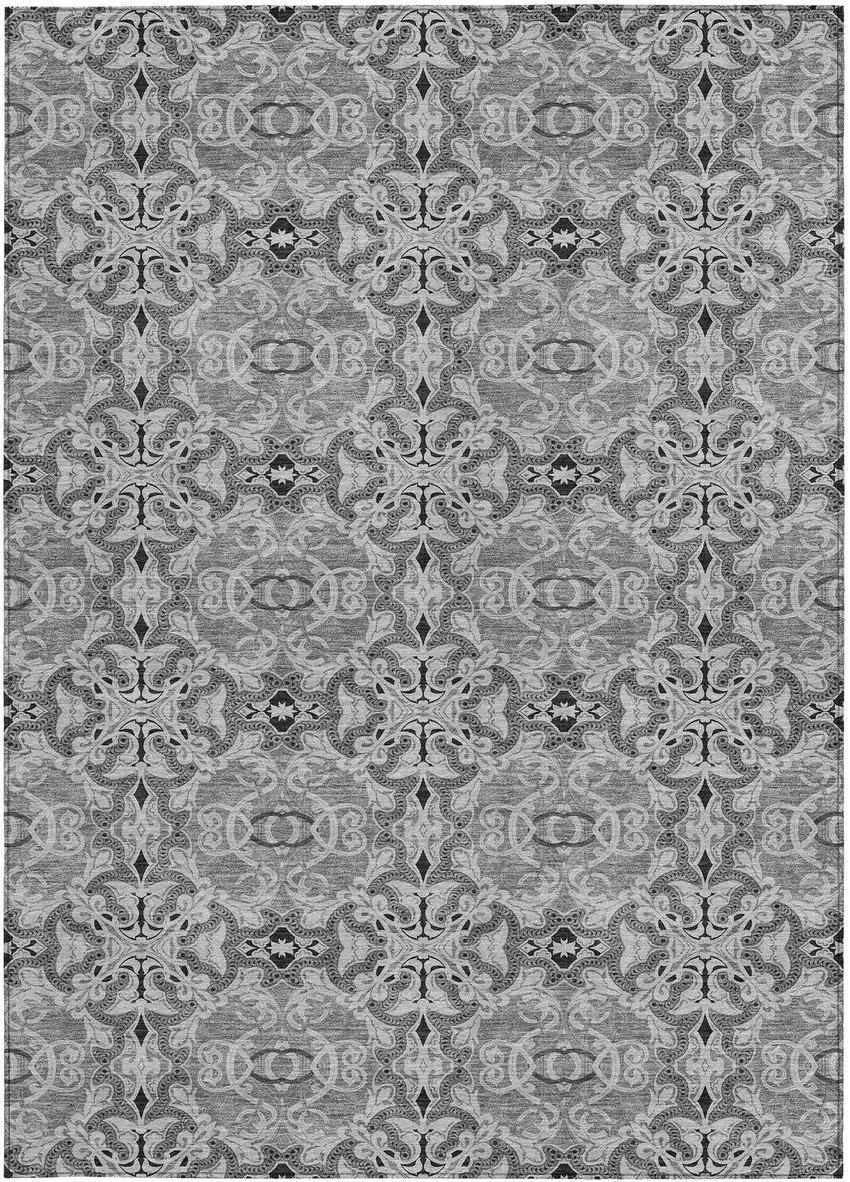 Gray Silver And Charcoal Medallion Washable Indoor Outdoor Area Rug Photo 7