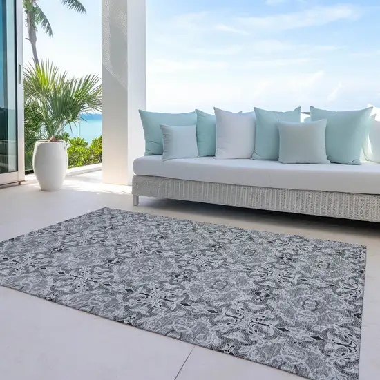 Gray Silver And Charcoal Medallion Washable Indoor Outdoor Area Rug Photo 8