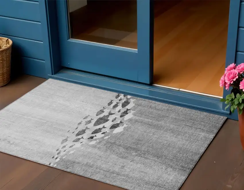 Gray Silver And Charcoal Nautical Washable Indoor Outdoor Area Rug Photo 1