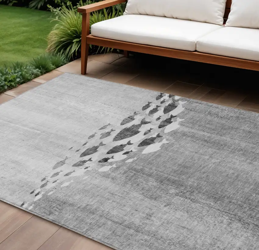 Gray Silver And Charcoal Nautical Washable Indoor Outdoor Area Rug Photo 1