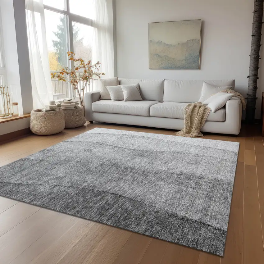 Gray Silver And Charcoal Ombre Washable Indoor Outdoor Area Rug Photo 9