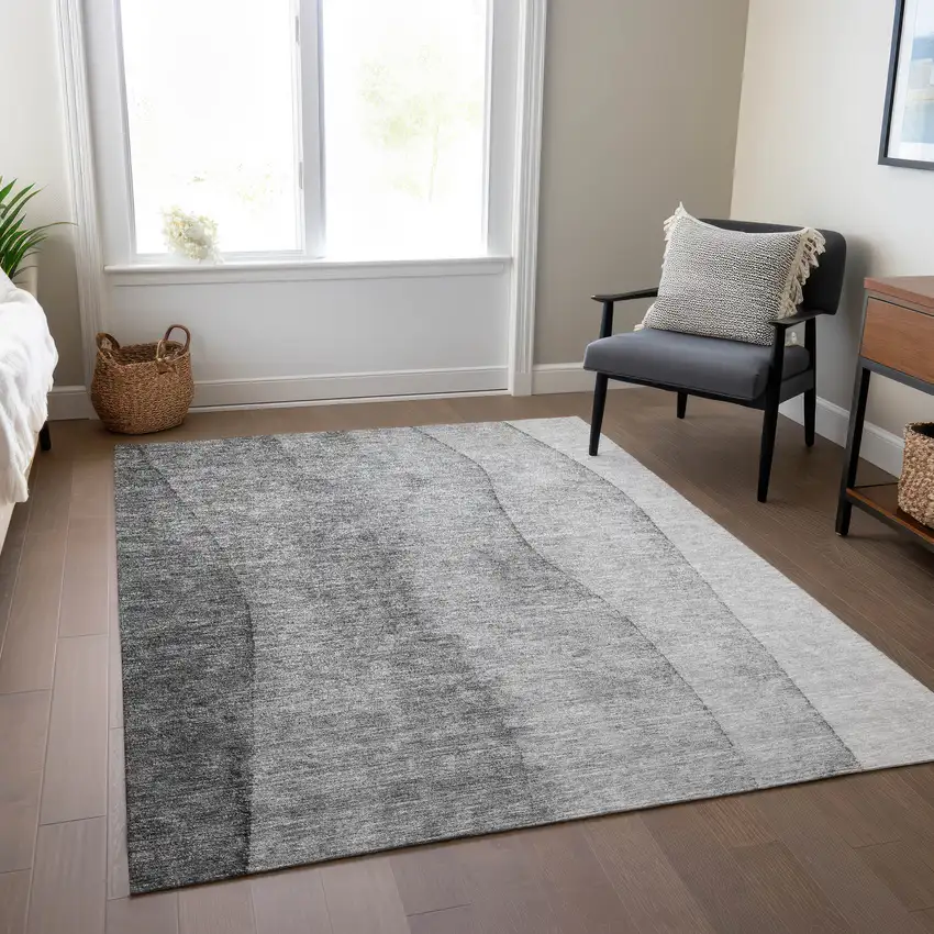 Gray Silver And Charcoal Ombre Washable Indoor Outdoor Area Rug Photo 8