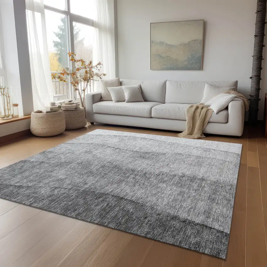 Gray Silver And Charcoal Ombre Washable Indoor Outdoor Area Rug Photo 9