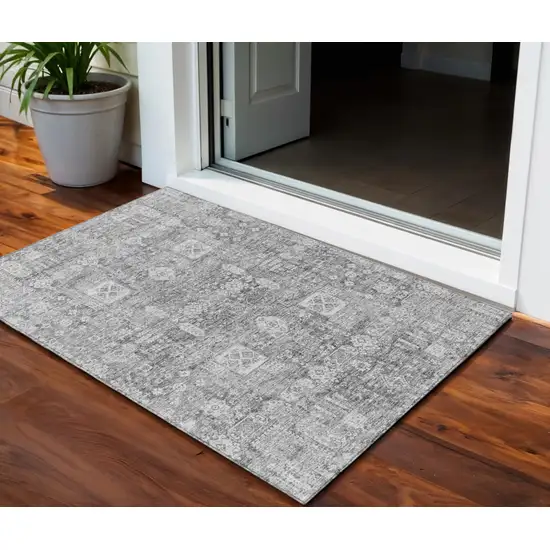 Gray Silver And Charcoal Oriental Washable Indoor Outdoor Area Rug Photo 1