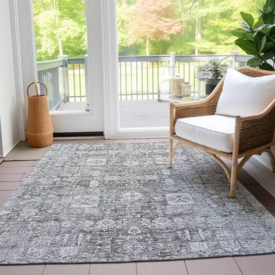 Gray Silver And Charcoal Oriental Washable Indoor Outdoor Area Rug Photo 9