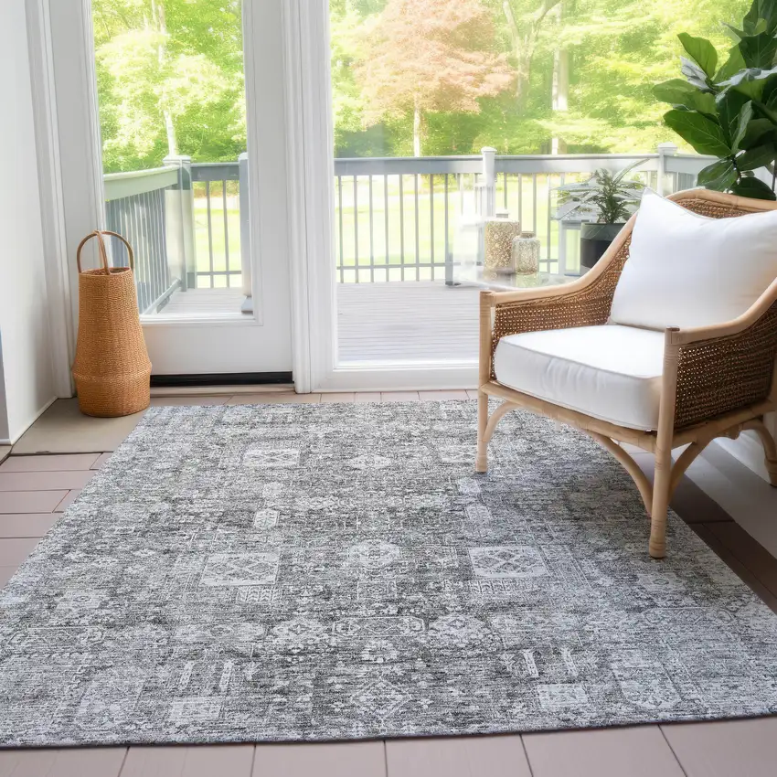 Gray Silver And Charcoal Oriental Washable Indoor Outdoor Area Rug Photo 9