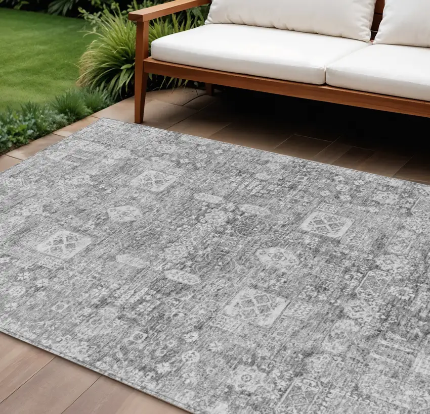 Gray Silver And Charcoal Oriental Washable Indoor Outdoor Area Rug Photo 1