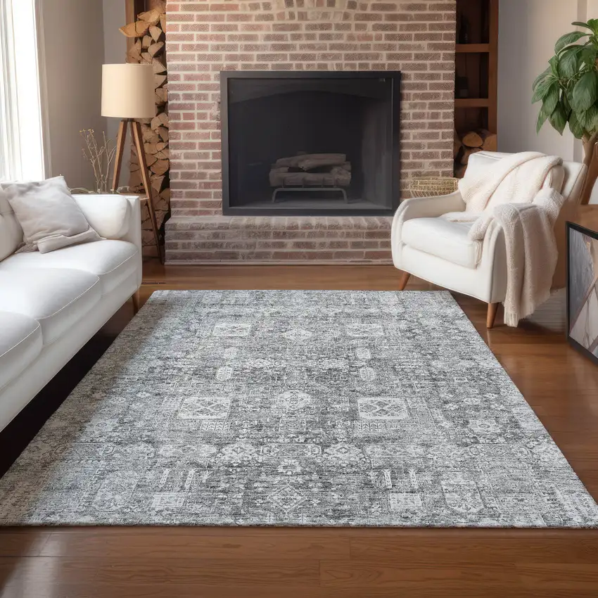 Gray Silver And Charcoal Oriental Washable Indoor Outdoor Area Rug Photo 8