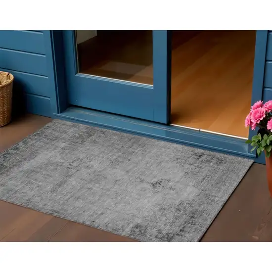 Gray Silver And Charcoal Oriental Washable Indoor Outdoor Area Rug Photo 1