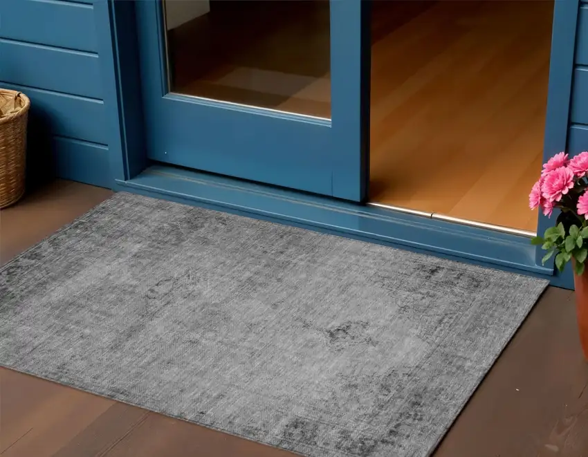 Gray Silver And Charcoal Oriental Washable Indoor Outdoor Area Rug Photo 1
