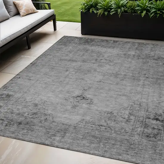 Gray Silver And Charcoal Oriental Washable Indoor Outdoor Area Rug Photo 1