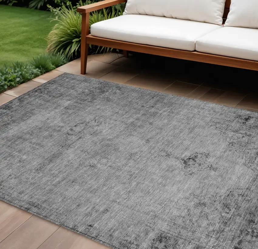 Gray Silver And Charcoal Oriental Washable Indoor Outdoor Area Rug Photo 1
