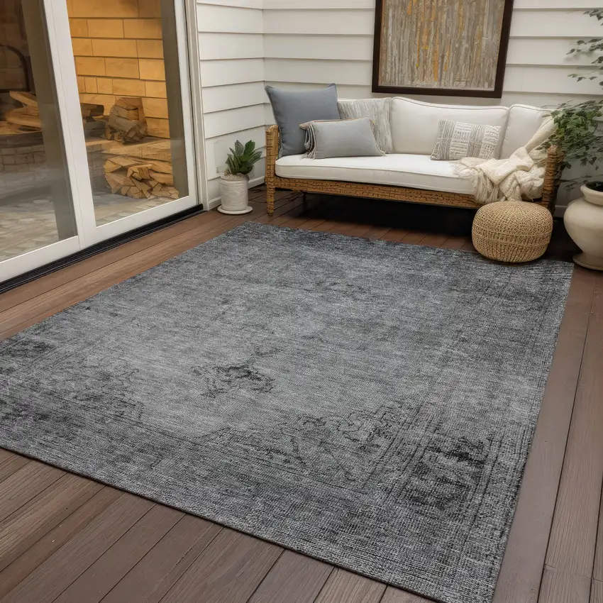 Gray Silver And Charcoal Oriental Washable Indoor Outdoor Area Rug Photo 9
