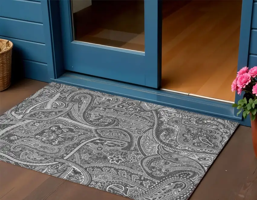 Gray Silver And Charcoal Paisley Washable Indoor Outdoor Area Rug Photo 1