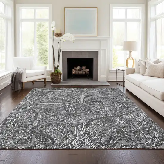 Gray Silver And Charcoal Paisley Washable Indoor Outdoor Area Rug Photo 9