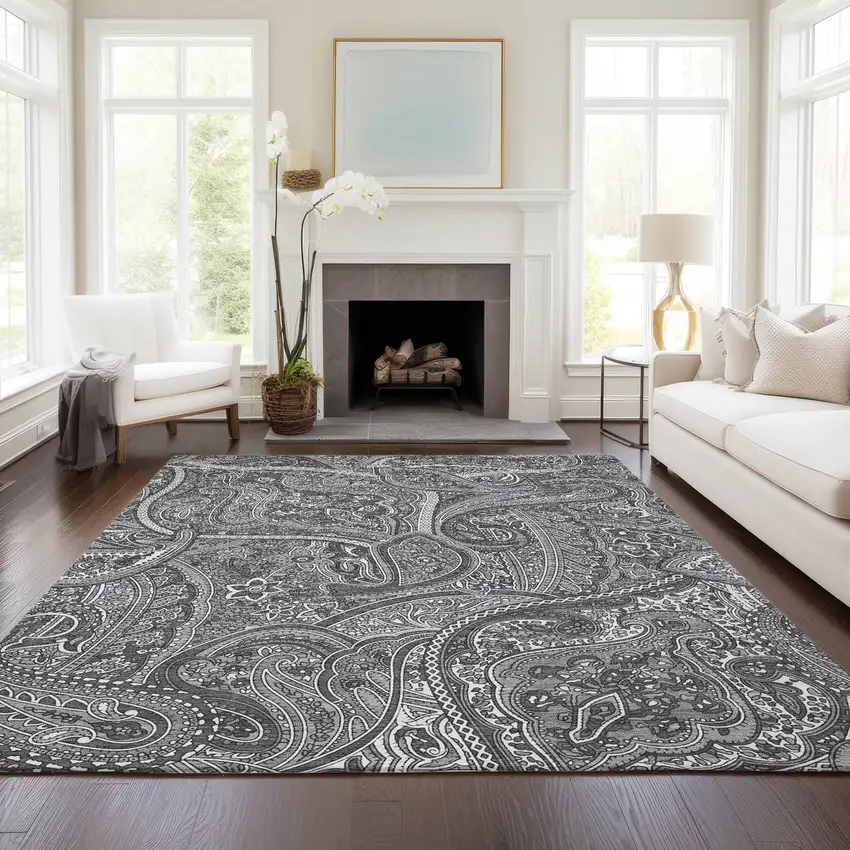 Gray Silver And Charcoal Paisley Washable Indoor Outdoor Area Rug Photo 9