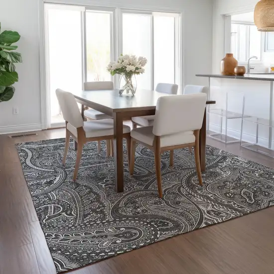 Gray Silver And Charcoal Paisley Washable Indoor Outdoor Area Rug Photo 9