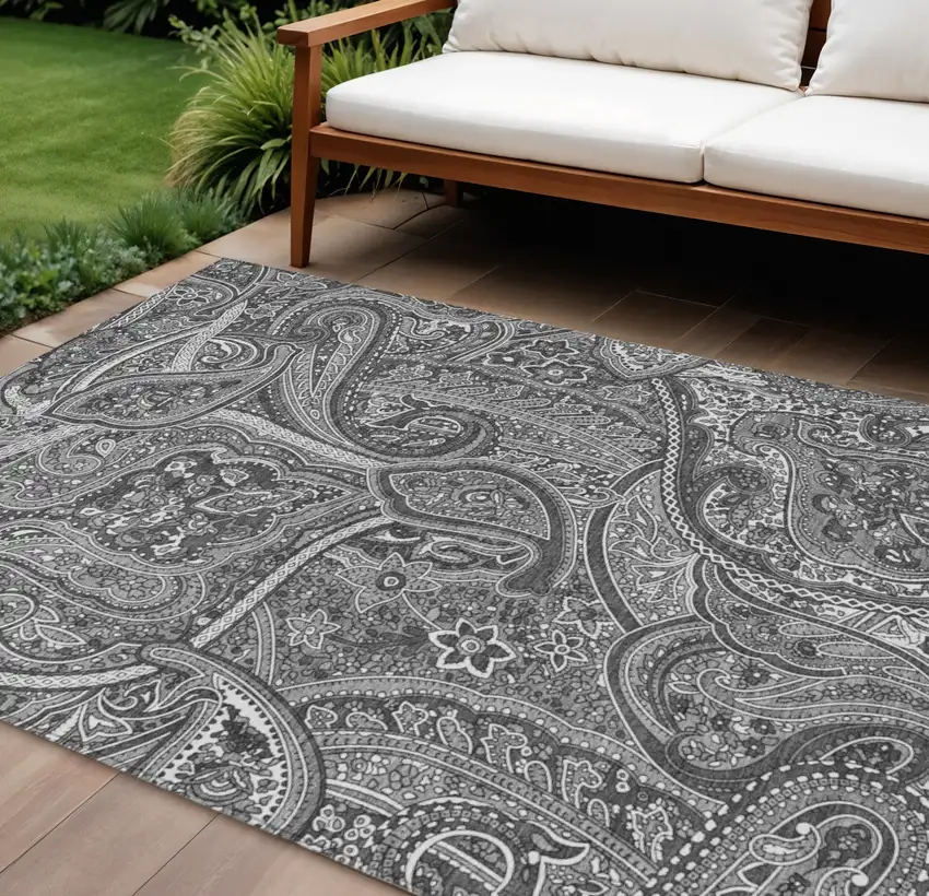 Gray Silver And Charcoal Paisley Washable Indoor Outdoor Area Rug Photo 1