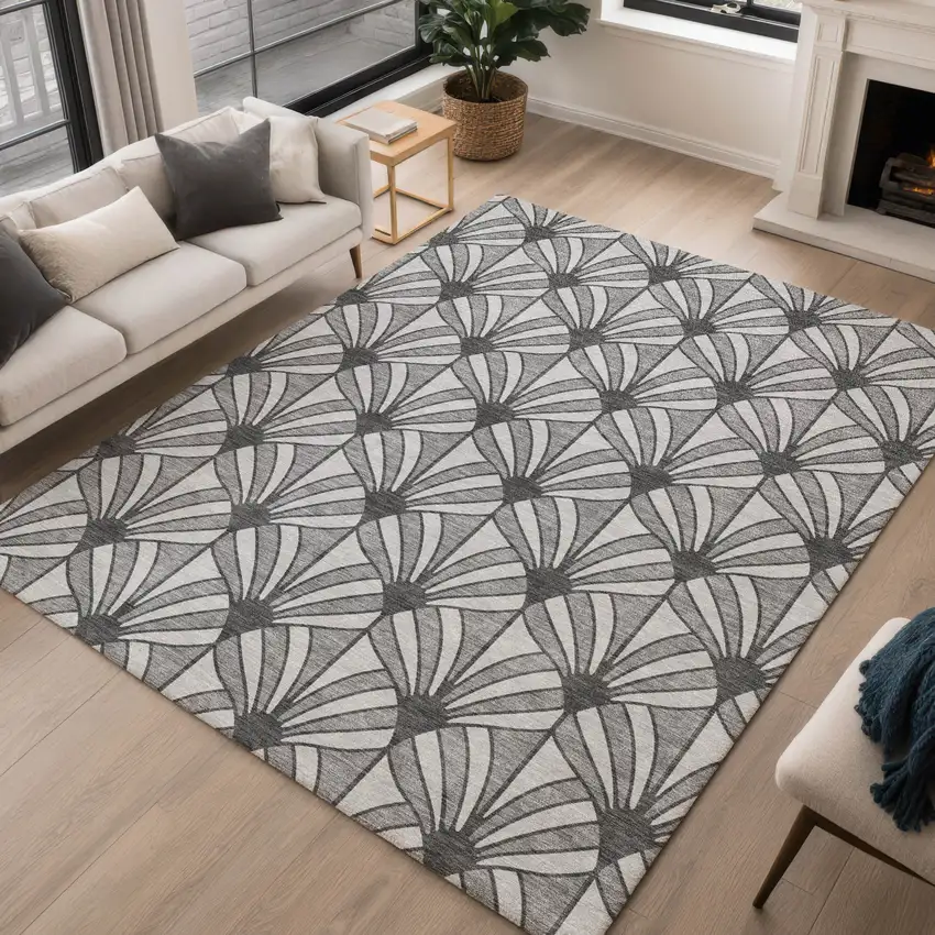 Gray Silver And Charcoal Seashell Washable Indoor Outdoor Area Rug Photo 5