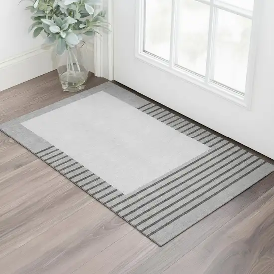 Gray Silver And Charcoal Striped Washable Area Rug With UV Protection Photo 2