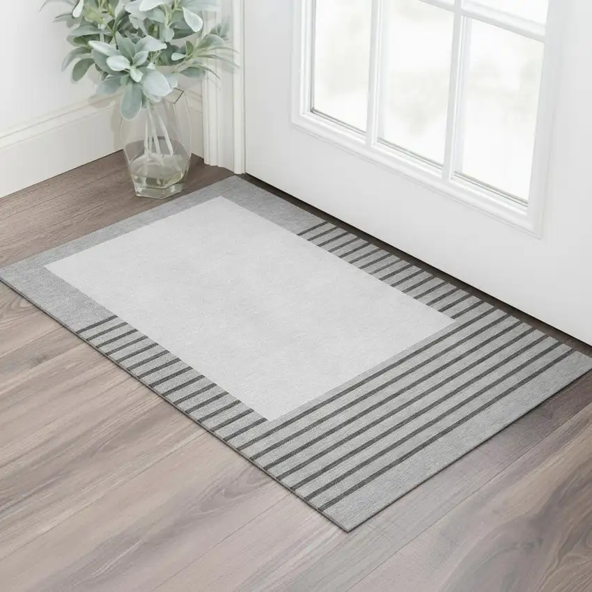 Gray Silver And Charcoal Striped Washable Area Rug With UV Protection Photo 2