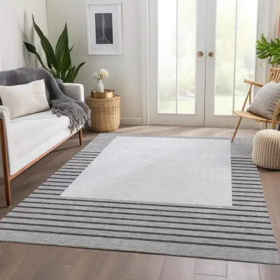 Gray Silver And Charcoal Striped Washable Area Rug With UV Protection Photo 5