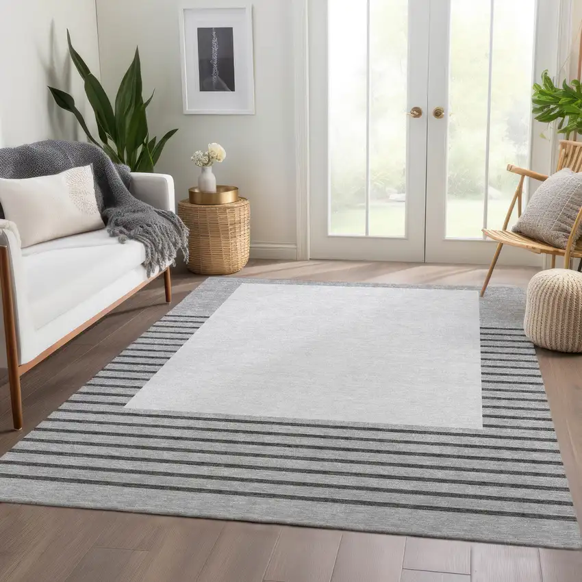 Gray Silver And Charcoal Striped Washable Area Rug With UV Protection Photo 5