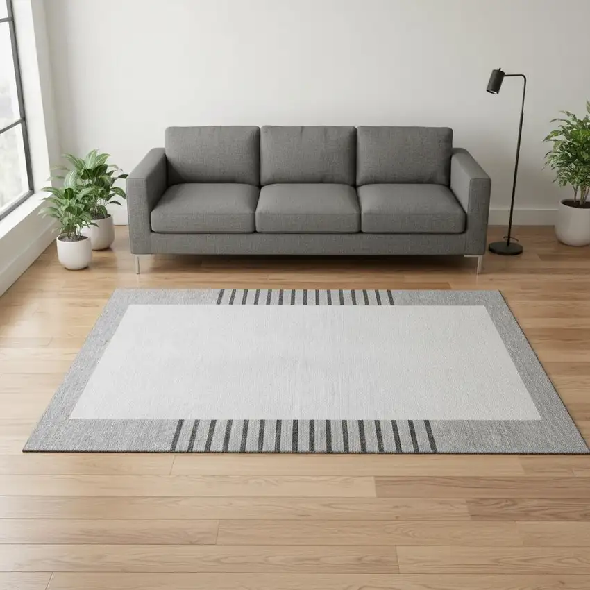 Gray Silver And Charcoal Striped Washable Area Rug With UV Protection Photo 2