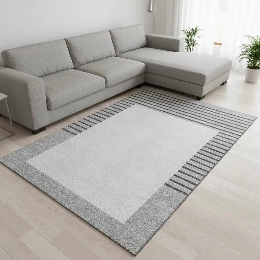 Gray Silver And Charcoal Striped Washable Area Rug With UV Protection Photo 2