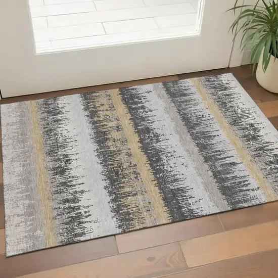 Gray Silver And Charcoal Striped Washable Area Rug With UV Protection Photo 1