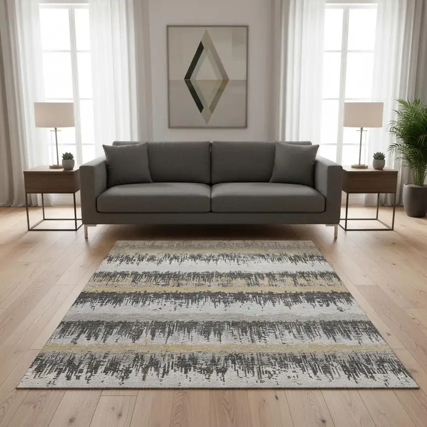 Gray Silver And Charcoal Striped Washable Area Rug With UV Protection Photo 2