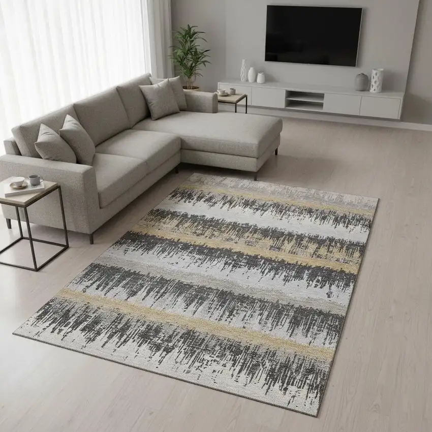 Gray Silver And Charcoal Striped Washable Area Rug With UV Protection Photo 2