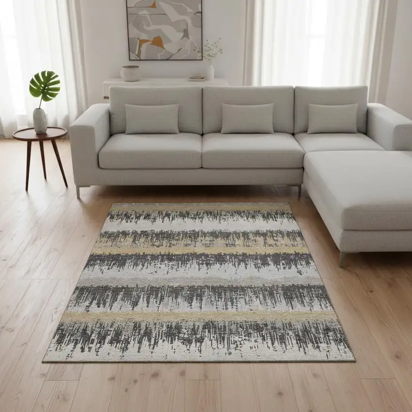 Gray Silver And Charcoal Striped Washable Area Rug With UV Protection Photo 2