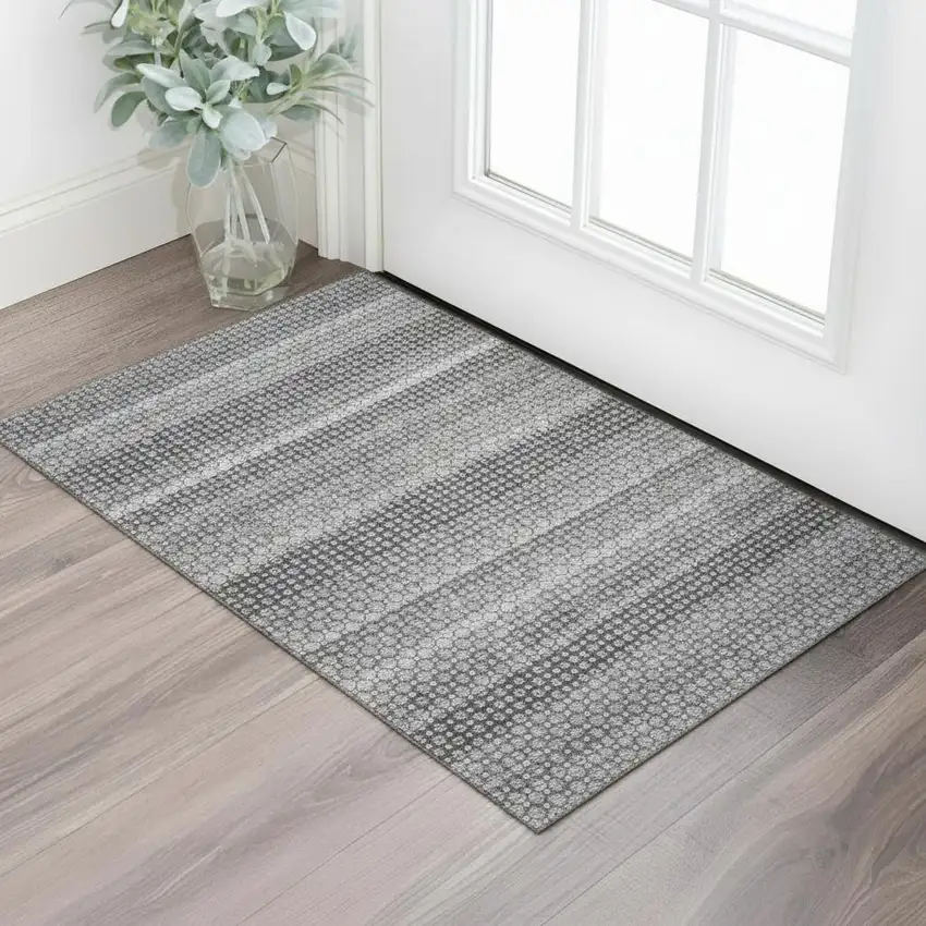 Gray Silver And Charcoal Striped Washable Area Rug With UV Protection Photo 2