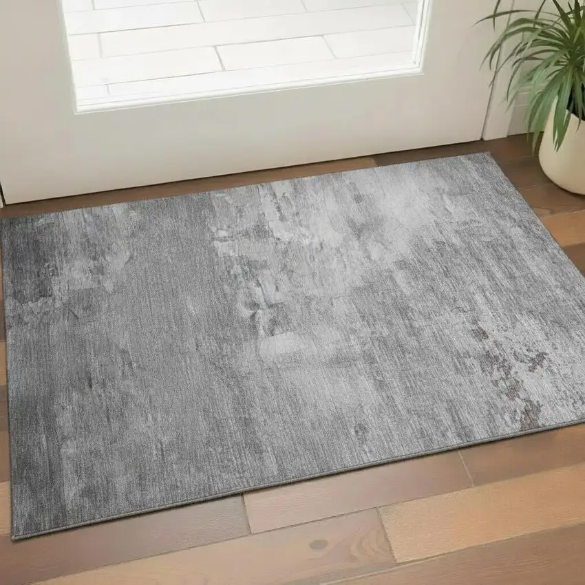 Gray Silver And Charcoal Striped Washable Area Rug With UV Protection Photo 2