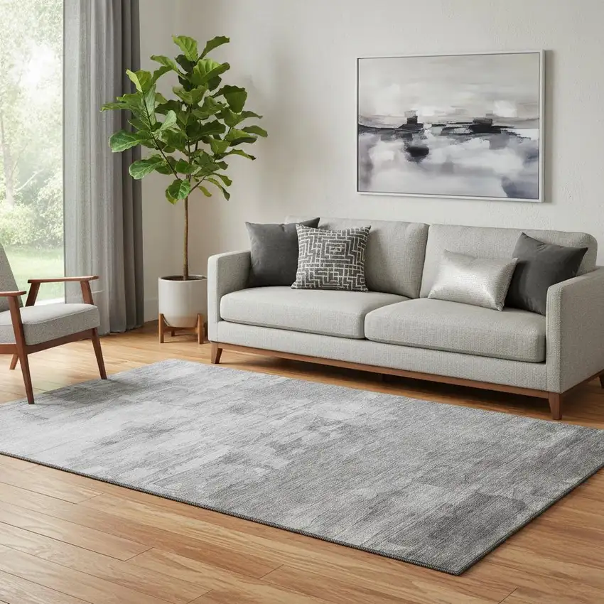 Gray Silver And Charcoal Striped Washable Area Rug With UV Protection Photo 2