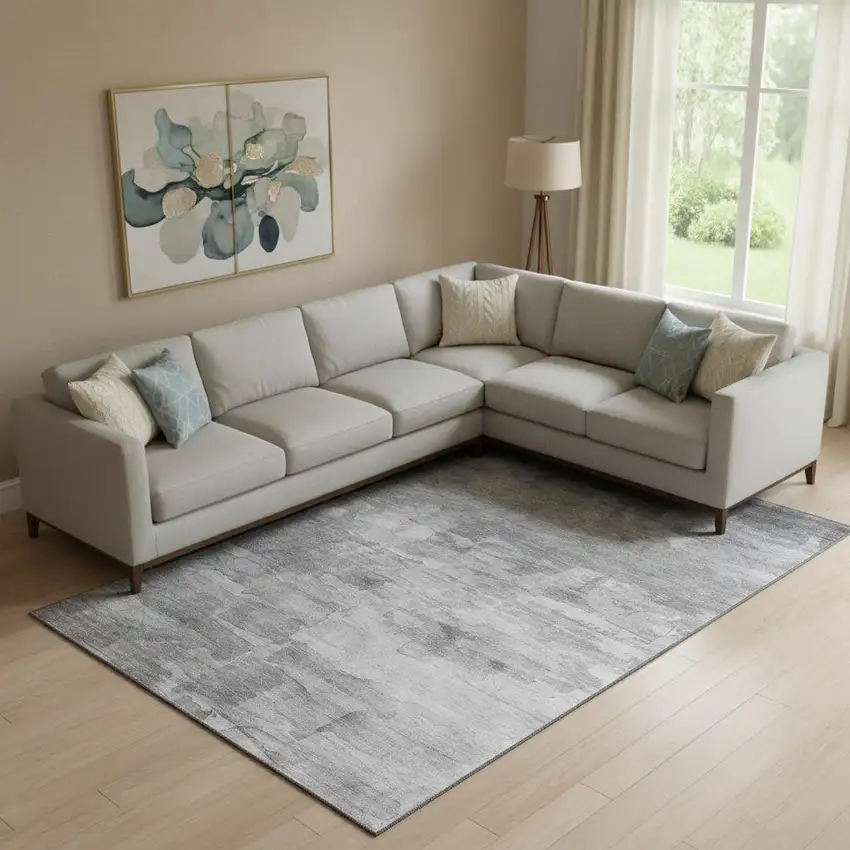 Gray Silver And Charcoal Striped Washable Area Rug With UV Protection Photo 2