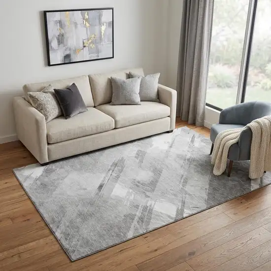 Gray Silver And Charcoal Striped Washable Area Rug With UV Protection Photo 1