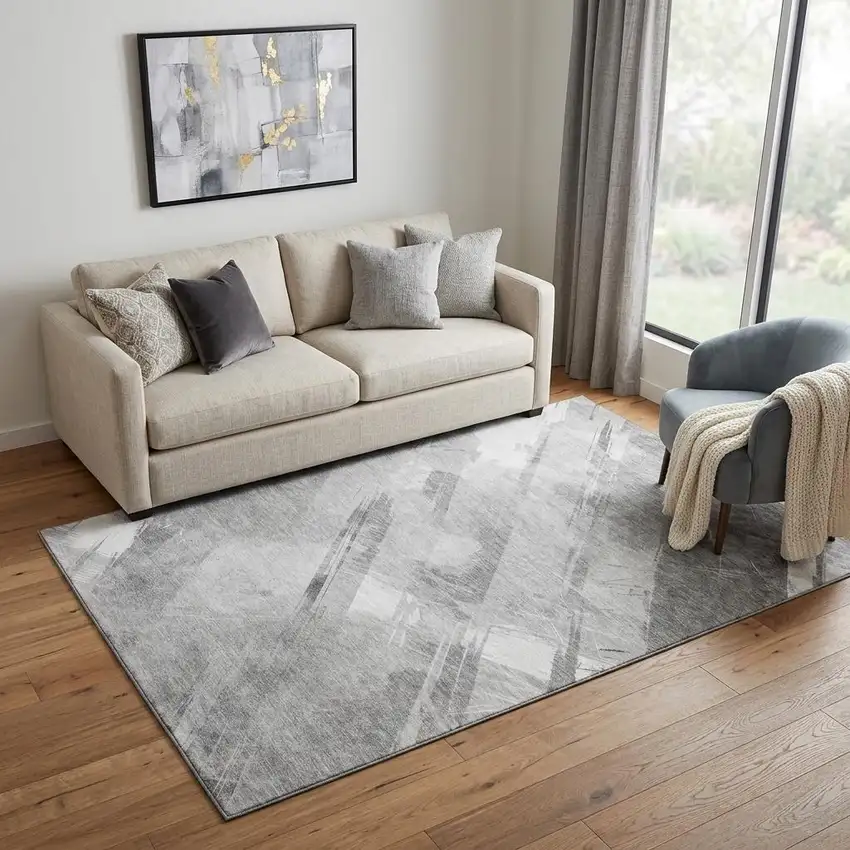Gray Silver And Charcoal Striped Washable Area Rug With UV Protection Photo 1