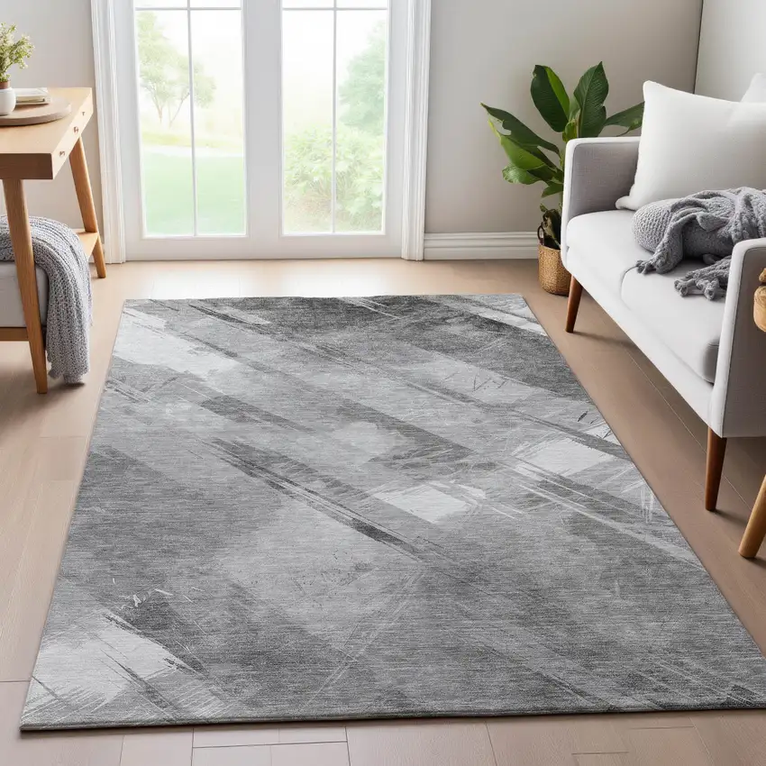 Gray Silver And Charcoal Striped Washable Area Rug With UV Protection Photo 4