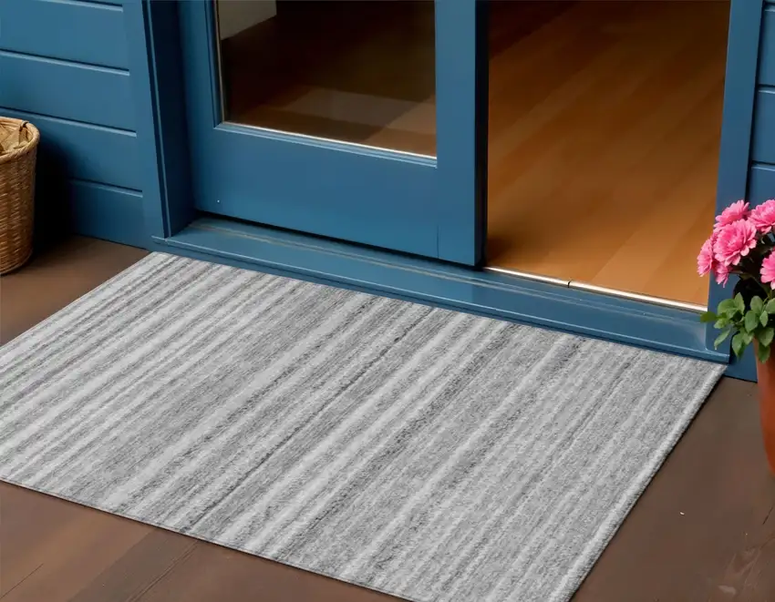 Gray Silver And Charcoal Striped Washable Indoor Outdoor Area Rug Photo 1