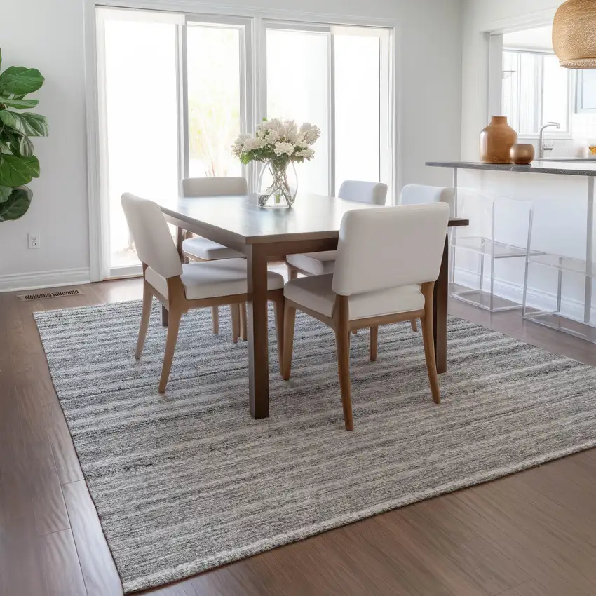 Gray Silver And Charcoal Striped Washable Indoor Outdoor Area Rug Photo 8