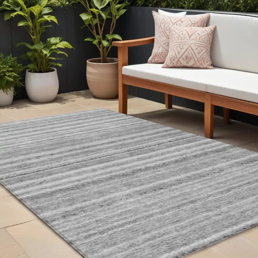 Gray Silver And Charcoal Striped Washable Indoor Outdoor Area Rug Photo 1
